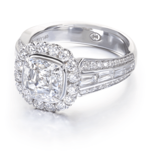 Cushion Cut Diamond Halo Engagement Ring with Baguette and Round Diamond Setting